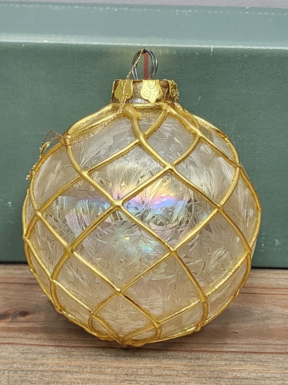 Vintage Gold Mesh Covered Iridescent Glass Christmas Tree Holiday Ornament Ball